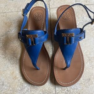 Tory Burch Blue Wedge Heeled Sandals with Metal Accent